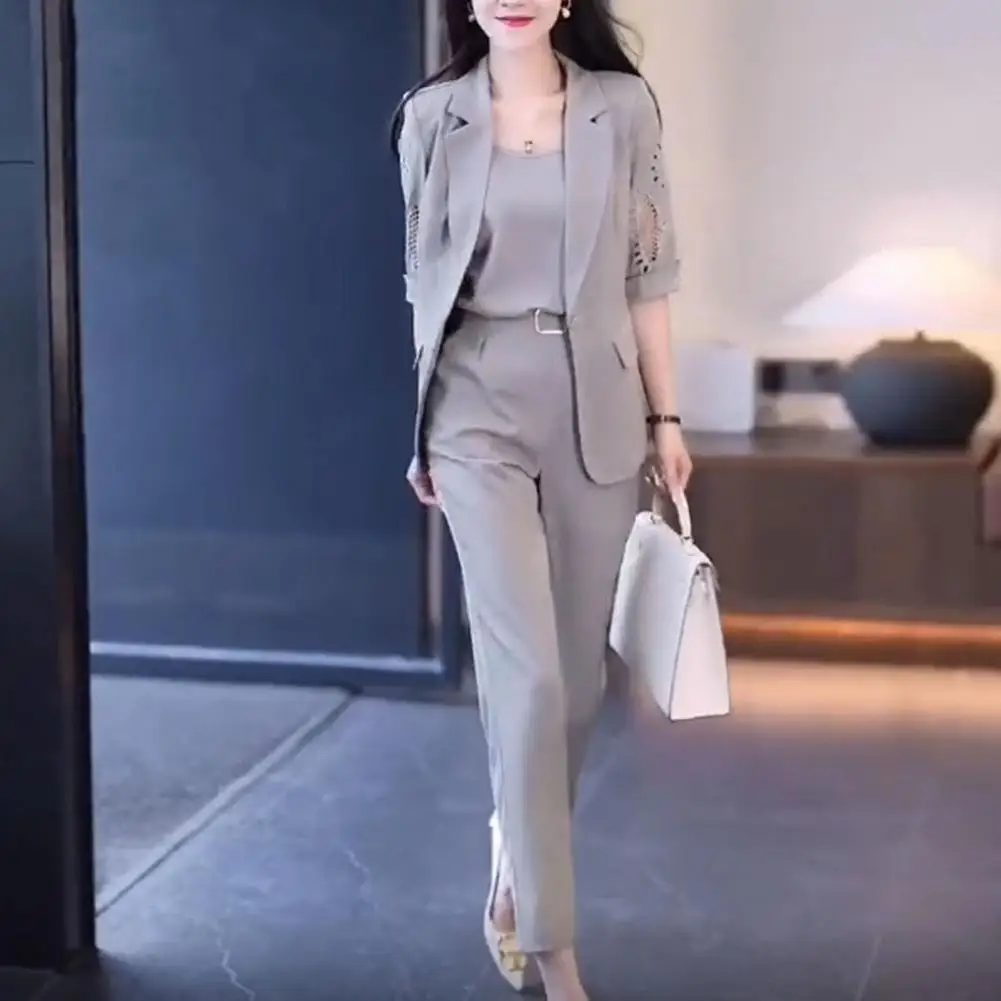 High Waist Pants Set Elegant Women's Business Suit Set with V Neck Sleeveless Vest Lapel Hollow Out Coat High Waist for Formal