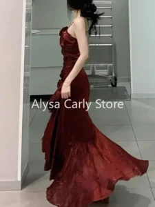 Korean Vintage Velvet Long Dress Women Luxury Slim Mermaid Spaghetti Strap Floral Dress Elegant Sexy Casual Evening Party Dress - Image 5