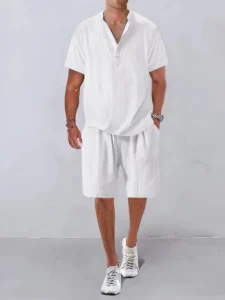 Summer new European and American men's beach style solid color casual short-sleeved shorts suit casual T-shirt shorts suit - Image 2