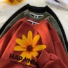 Happiness Flower Printed Women Korean Sweatshirts Suede Casual Autumn Streetwear Hip Hop Female O-neck Pullovers Hoodies - Image 3
