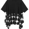[EAM] Women Black Dot Printed Irregular Big Size T-shirt New Round Neck Half Sleeve Fashion Tide Spring Summer 2024