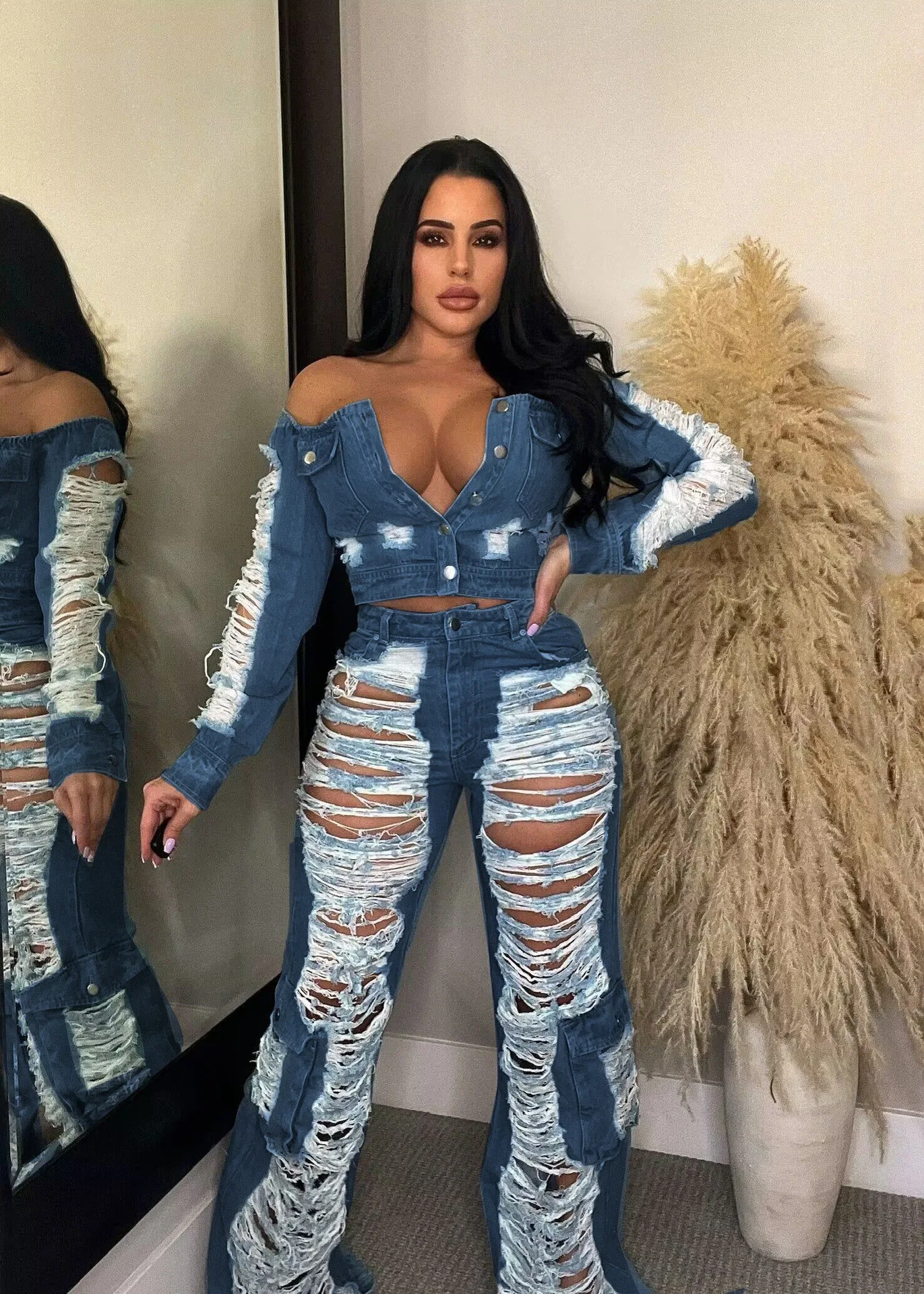 Wide Legs High Waisted Pockets Straight Loose Jeans Trousers Womans Streetwear Baggy Hole Ripped Denim Pants Pantalones