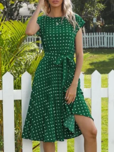 Benuynffy O-Neck Polka Dot Summer Dresses 2024 Cap Sleeve Women Knee Length Shirred Elegant Office Lady Belted A-Line Dress - Image 4