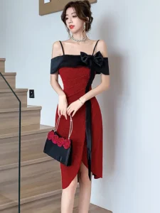 Red Patchwork Black Bow Chic Gala Dresses Woman Summer Elegant Bodycon Sling Sexy Dress 2024 Korean Luxury Party Evening Dresses - Image 5