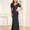 XUIBOL Luxury Short Sleeve Applique Evening Dress For Women Elegant Floor-Length Blue Wedding Party Prom Cocktail Dress Gown