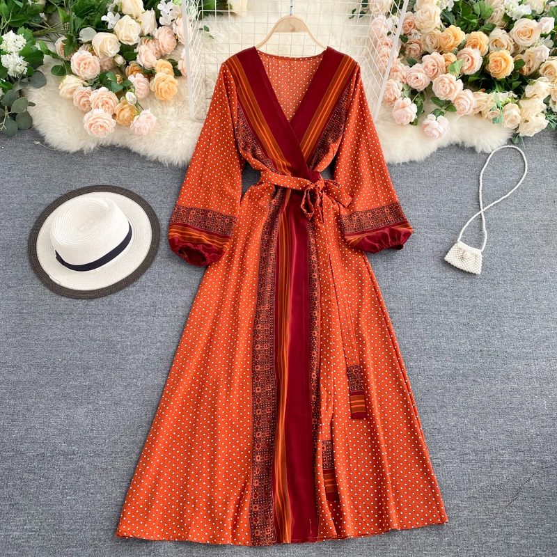 Vintage Print Elegant Puff Sleeve One Piece Dress A-line Lace-up Beach Vacation Midi Dress Women Fashion Spring Autumn Vestidos