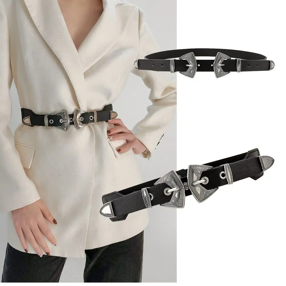Women's Belt Vintage Carved Metal Double Buckle Belt Hip Hop Rock PU Waist Belt Dress Coat Decorative Waistband