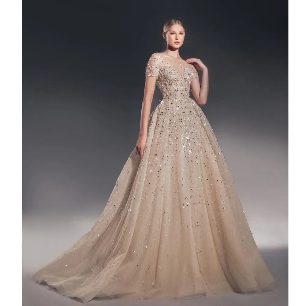 Luxury Crystal Pearls Sequined Evening Dresses Elegant V-Neck Floor Length A-Line Party Gowns Fashion Sweep Train Prom Dresses