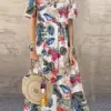 2023 ZANZEA Bohemian Holiday Sundress Summer Women Vintage Floral Printed Short Sleeve Beach Dress Loose Long Vestido Robe Femme