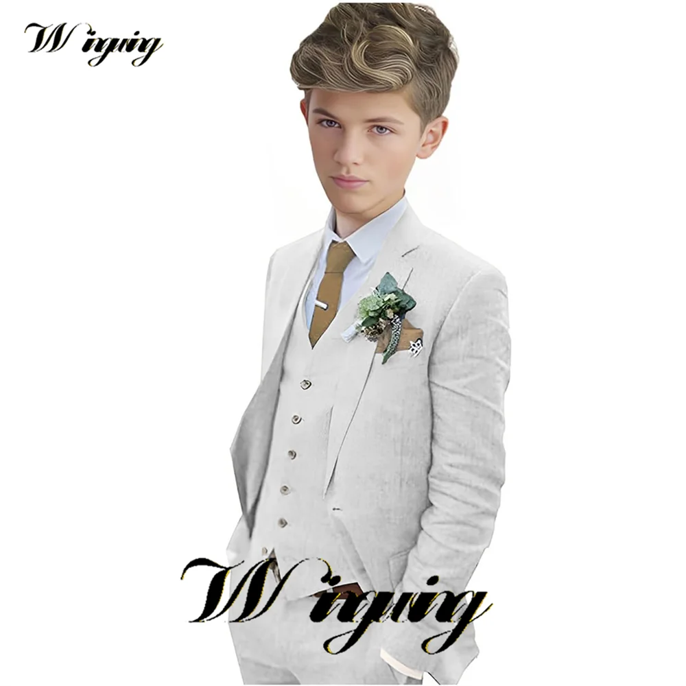 White Linen Boys Suit Jacket Pants Vest 3-piece Summer Breathable Clothes Wedding Little Boy Tuxedo 2-16 Years Old