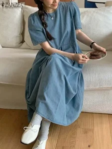 Casual Women Denim Dress ZANZEA 2023 Summer Short Sleeve Pleated Midi Dress Korean Style Short Sleeve Vestidos Round Neck Robes - Image 3