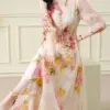 Summer Floral Silk V-Neck Bandage Long Dress Women Elegant Casual Beach Dress 2024 New Korean Fashion Chic Holiday Evening Dress