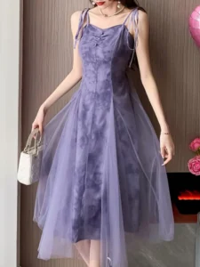 Elegant Casual Women Summer Spaghetti Strap Dress Sleeveless A-Line Solid Chic Vintage Purple Robe Female Party Vestidos Mujers - Image 3