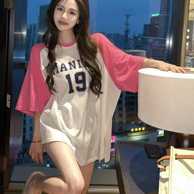 Summer Contrast Color Patchwork T Shirt Tops Round Neck Half Sleeve Loose Pullovers Korean Casual Fashion Women Clothing