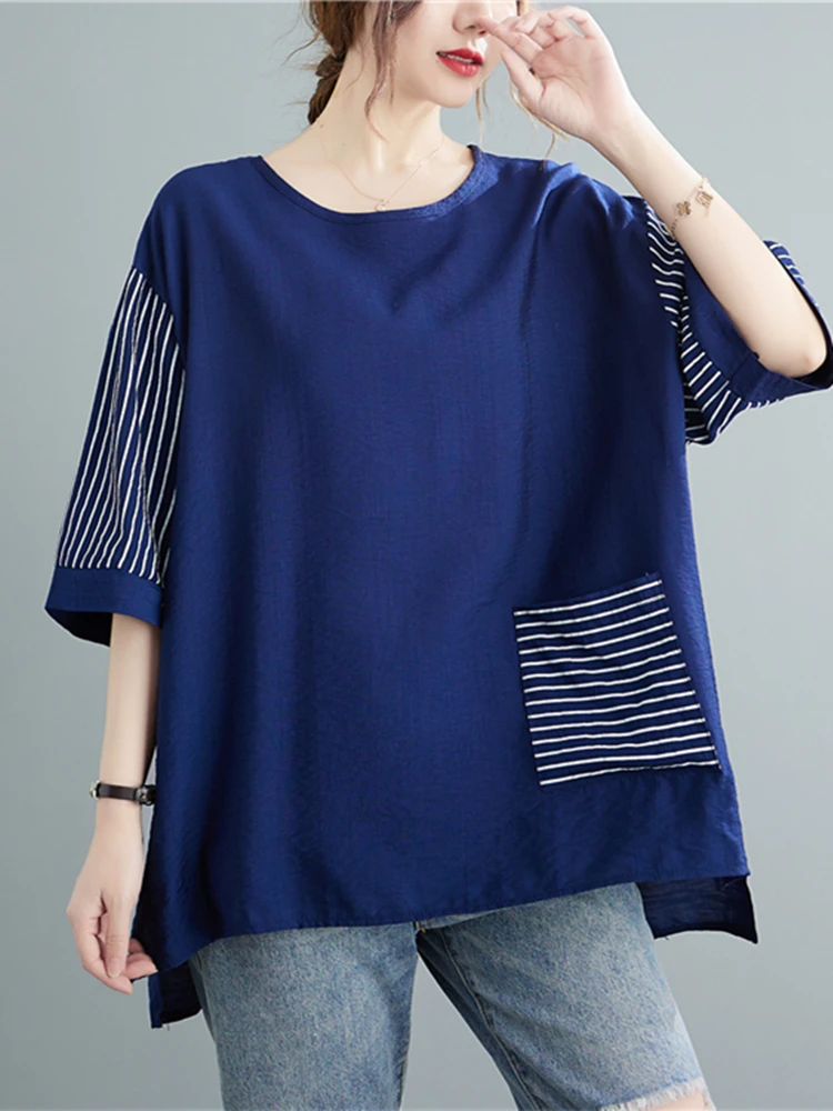 Oversized Patchwork Striped Tshirt Summer Womens Casual Big Size Loose Women T-Shirt Korean Cotton Ladies Women TShirt Tops 2022