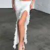 Women Y2K Aesthetic Frill Tulle Long Skirts Solid/Floral Low Waist High Split Skirt Summer Bohemian Sexy Retro Skirt Streetwear