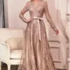 Elegant Rose Gold Mother of the Bride Dresses Bow Belt V-Neck Illusion Long Sleeve A-Line and Floor Length Banquet Mom Gowns