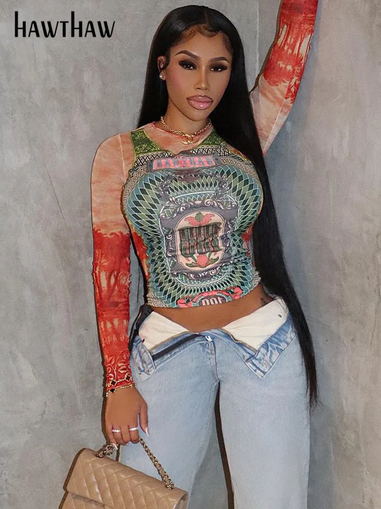 Hawthaw Women Long Sleeve Graphic Mesh See Through Streetwear T Shirts Tops Tee 2022 Autumn Clothes
