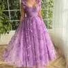 2024 Elegant Butterfly Lace Applique Tulle Prom Dresses for Women Spaghetti Straps Tea Length Formal Evening Party Gowns Slit