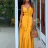 Womens Summer Spaghetti Strap Long Dress Bohemian Style Sleeveless V-neck Elegant Lady Dresses Casual Maxi Beach Party Vestidos