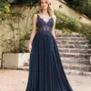 MisShow Navy Blue V Neck Evening Dresses 2024 Elegant 3D Lace Illusion Spaghetti Straps Prom Gowns Formal Party Vestido De Gala