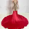 Red Luxury African American Prom Dresses For Black Girls Elegant Women Mermaid Crystals Birthday Party Evening Gown Nigeria