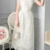 SMTHMA 2024 New Fashion Elegant Runway Summer Dress For Women Short Sleeve Lace Hollow Out Party Vintage Midi Dresses Vestidos