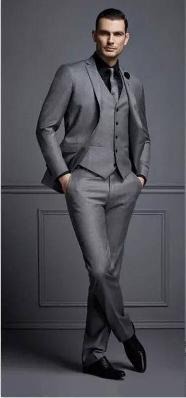 Fashion Handsome Dark Gray Mens Suits Groom Blazer Wedding Suits For Best Men Slim Fit Groom Tuxedos For Man(Jacket Vest Pant)