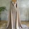 Arabic Glitter Sequins Evening Dresses Long Luxury 2023 Celebrity With Cape Ruched Sweetheart Prom Party Women Gowns Robe Soirée
