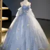2024 Lace Prom Dresses Spaghetti Strap Princess Blue Detechable Short Puff Sleeves be de bal Formal Evening Party Gown For Women