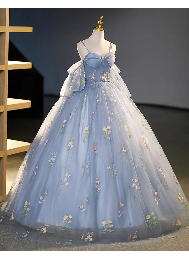 2024 Lace Prom Dresses Spaghetti Strap Princess Blue Detechable Short Puff Sleeves be de bal Formal Evening Party Gown For Women