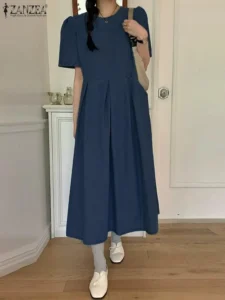 Casual Women Denim Dress ZANZEA 2023 Summer Short Sleeve Pleated Midi Dress Korean Style Short Sleeve Vestidos Round Neck Robes - Image 5