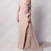 Elegant Pink Lady Evening Dresses 3D Scarves Flowers One Shoulder Sleeve Party Gowns Side Slit Vestidos Sheer Ribbon De Noche