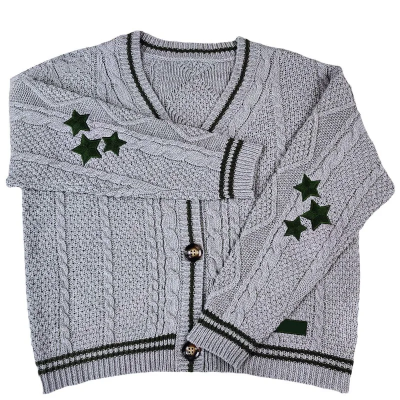 Deeptown Vintage Beige Swift Knit Sweater Women Y2K College Taylor Oversize Star Embroidery Cardigan Folklore Knitted Jumper - Image 5