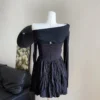 Tingfly Women Sexy Slash Neck Casual Chic Mini Short Dress Lady Summer Fashion Solid Black Color Y2K Dress for Skinny Lady Gir - Image 6