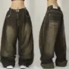 Jeans Harajuku Retro Solid Color Loose Jeans Ladies Y2K Black Pants Men New Punk Rock Hip Hop Gothic Wide-Leg Pants Street Wear