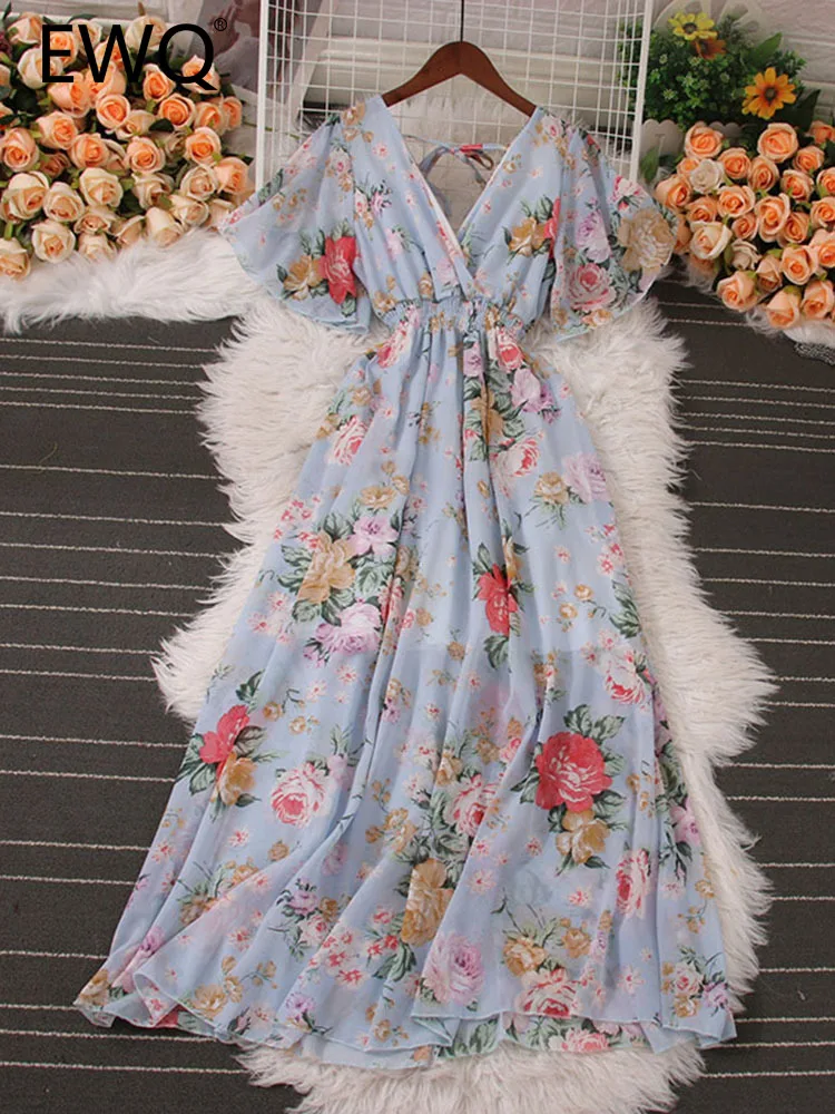 EWQ Sweet Style Y2K Long Dresse For Women Short Sleeve Print V-neck Chiffon High Waist Dresses Spring Summer 2023 New