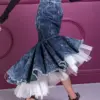 Women Retro Denim Skirt Casual Streetwear Mermaid Mesh Patchwork Asymmetric Hem Slim Ruffle Pleated Spring High Waist Skirts