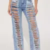 CM.YAYA Blue Denim Pants for Women 2023 Summer Streetwear Fashion Cutout Ripped Hollow Out Wide Leg Straight Jeans Trousers