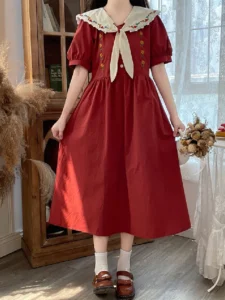 Preppy Style Red Fairy Girly Elegant Dresses Women Japanese Style Sailor Collar Tid Floral Embroidery Short Sleeve Woman Dresses - Image 3