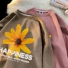 Happiness Flower Printed Women Korean Sweatshirts Suede Casual Autumn Streetwear Hip Hop Female O-neck Pullovers Hoodies - Image 2