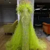 Two Piece Green Feather Prom Dresses 2023 Haute Couture Crystals Stones Wedding Party Dress Evening Dress With Detachable Train