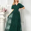 Lucyinlove Luxury V-Neck Green Sequin Evening Dress Long 2024 Elegant Women Satin Short Sleeves Party Graduation Cocktail Prom
