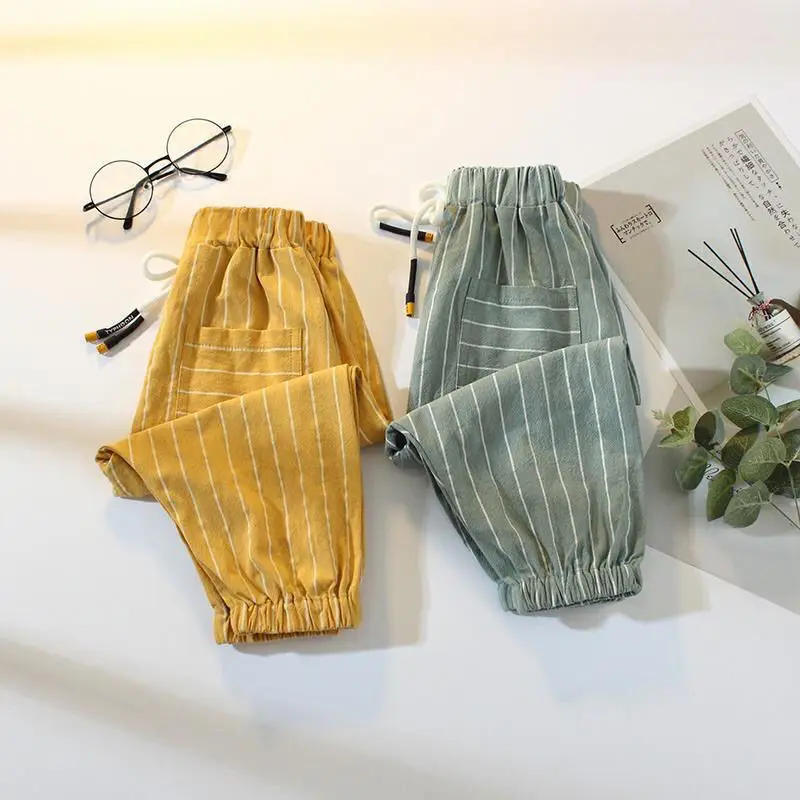 Boys Clothing Summer 2023 New Korean Version Trend Kids Loose Striped Printed Spliced Square Pocket Casual Mosquito Proof Pants