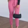 Women's Solid Color Work Pants 2024 Spring Temperament Commuting Office High Waist Tied Detail Casual Pants Skinny Cropped Pants