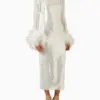 New Women O Neck Long Sleeve Luxury Sequin Feather Midi Dress Elegant Celebrity White Sequinned Bodycon Dress Evening Party Club