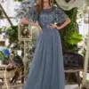 Elegant Evening Dresses Sequin Print Maxi Long with Cap Sleeve A-LINE 2024 BAZIIINGAAA of Dusty Navy Gauze Bridesmaid dresses