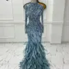 Feathers Heavy Beading Evening Dresses Long Sleeves Luxury Crystals Sequined Wedding Party Dress Women Arabic Dubai Prom Gowns