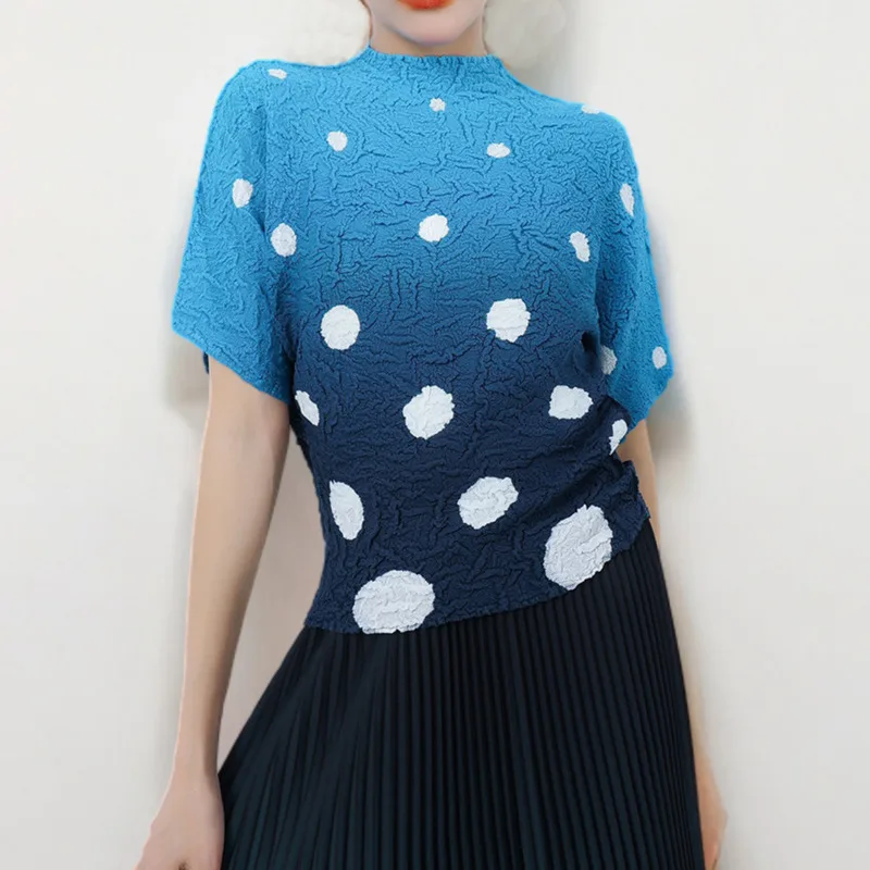 COZOK Half High Neck Women's T-shirt Short Sleeved Summer New Pleated Dot Print Loose Temperament Versatile Top