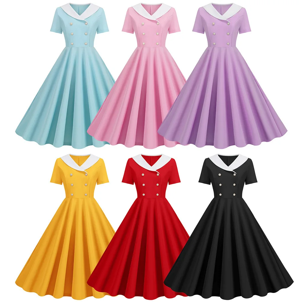 Button Big Swing Women Vintage Dresses 2024 Summer V-Neck Short Sleeve Retro Polka Dot Rockabilly Party Office Dress Elegant